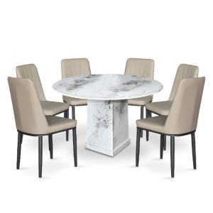 Kale II Modern Round Marble Dining Set (1 Table + 6 Chairs)