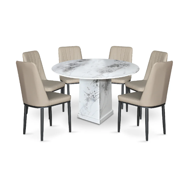 Kale II Modern Round Marble Dining Set (1 Table + 6 Chairs)