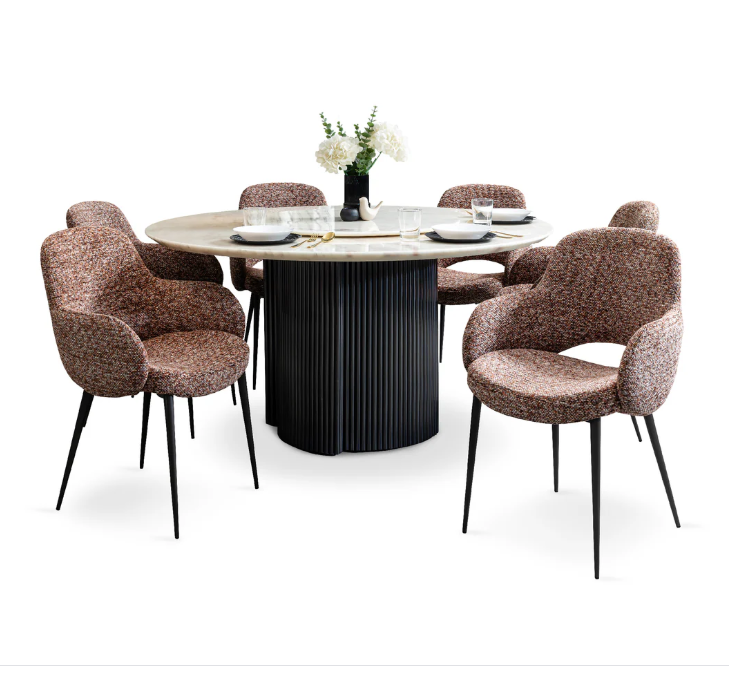 Rose Rainbow Luxury Natural Marble Dining Set with Motorized Lazy Susan (1 Table + 6 Chairs) - Image 2