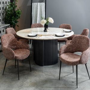 Rose Rainbow Luxury Natural Marble Dining Set with Motorized Lazy Susan (1 Table + 6 Chairs)