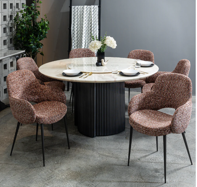 Rose Rainbow Luxury Natural Marble Dining Set with Motorized Lazy Susan (1 Table + 6 Chairs)