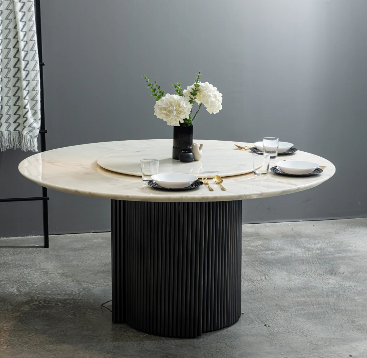 Rose Rainbow Luxury Natural Marble Dining Set with Motorized Lazy Susan (1 Table + 6 Chairs) - Image 3