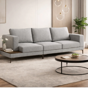 Volley Premium 3-Seater Fabric Sofa with Integrated Rubberwood Side Table