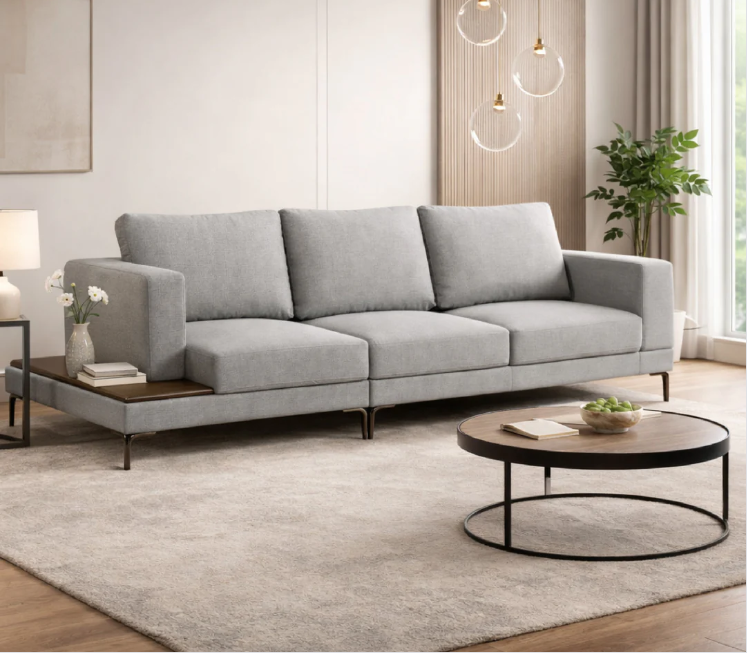 Volley Premium 3-Seater Fabric Sofa with Integrated Rubberwood Side Table